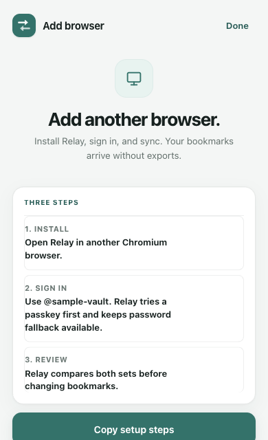 Relay's Add browser screen explains installation, sign-in, and review in three steps.
