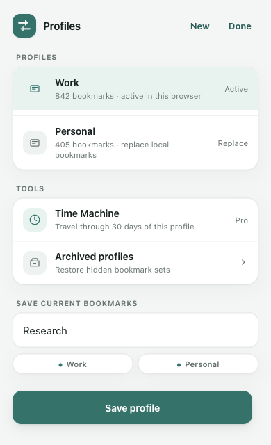 Relay Profiles showing Work and Personal libraries, encrypted history, and the option to save Research as a profile.