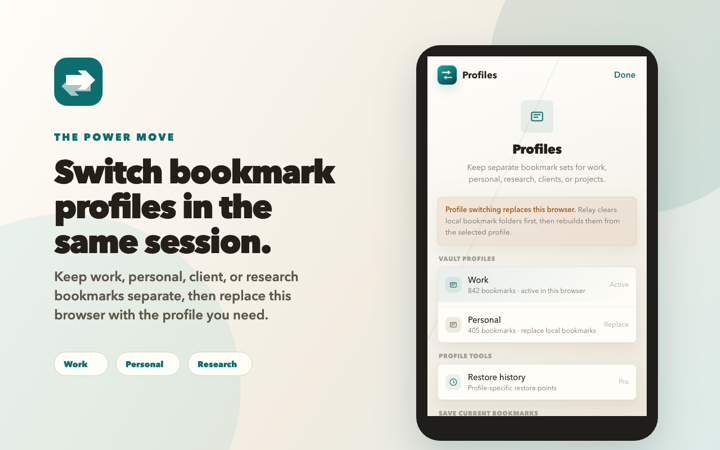 Relay promotional screenshot showing bookmark profile switching.