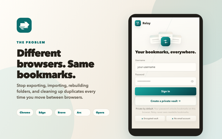 Relay promotional screenshot showing bookmarks shared across different browsers.