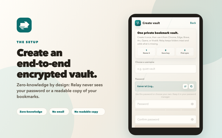 Relay extension screenshot showing an encrypted bookmark vault.