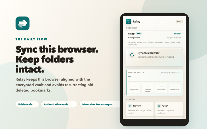 Relay promotional screenshot showing sync status current across browsers.